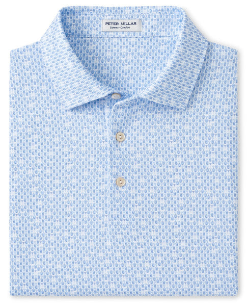 Light blue patterned Peter Millar Corkscrew Performance Jersey Polo with four-way stretch, displayed flat, showing collar and top buttons.