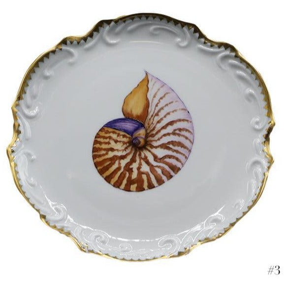 The Shell Bread and Butter Plate Collection by Anna Weatherley features a hand painted white porcelain plate with gold trim, ornate edge, and a detailed nautilus shell illustration in the center.