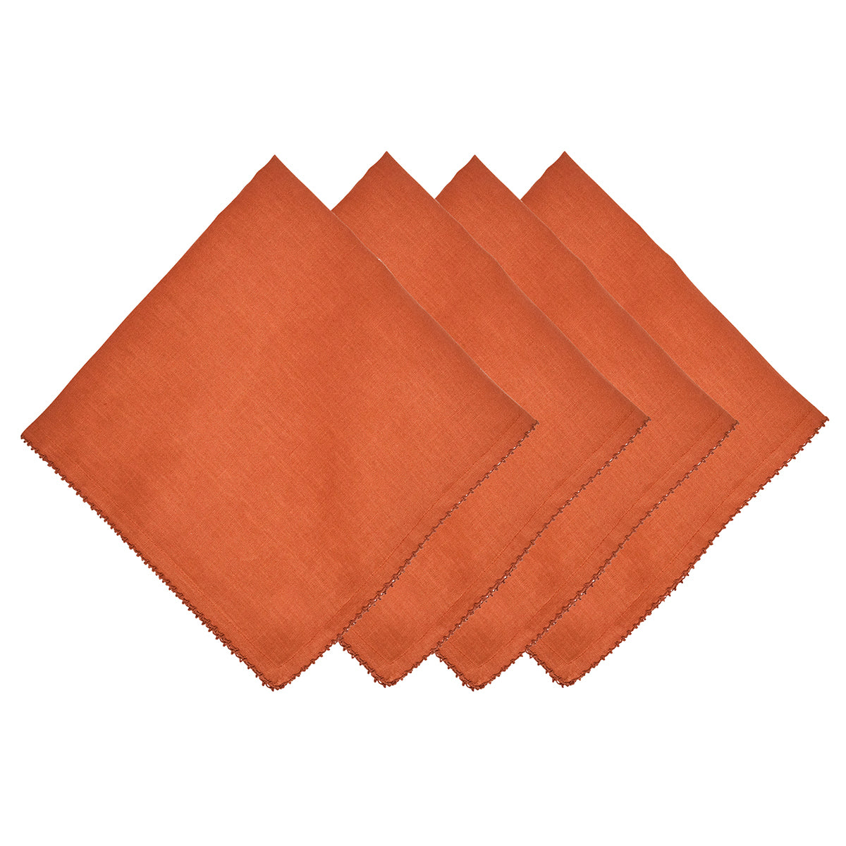 Four orange linen napkins from the Juliska Berry Scallop Napkin & Tablecloth Collection, each featuring stitched edges and elegantly fanned out against a white background—an ideal complement to your Juliska linens.