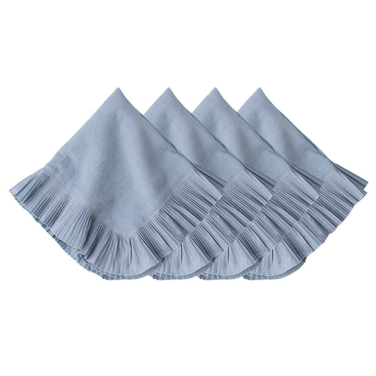 The Juliska Mademoiselle Napkin Set features four light blue napkins with knife-pleat ruffle borders, neatly stacked against a white background—ideal for adding romance to any tablescape.