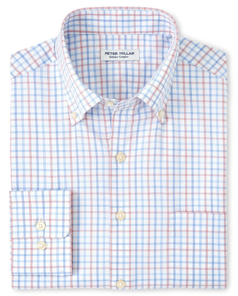 A plaid button-up sport shirt with collar laid flat displaying the brand label 'Peter Millar,' featuring UPF 50+ sun protection.