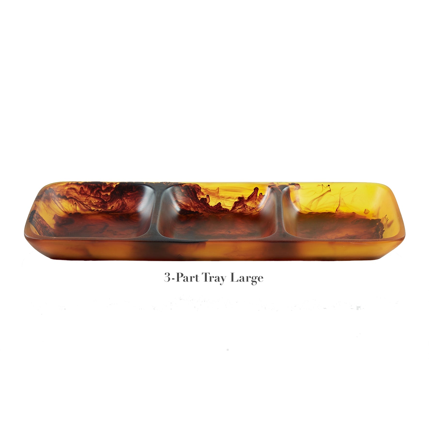 The Tortoise Resin Serveware Collection by Nashi Home features a rectangular, three-section tray in shatter-resistant resinware with a marbled amber and brown design—an elegant decor accent.