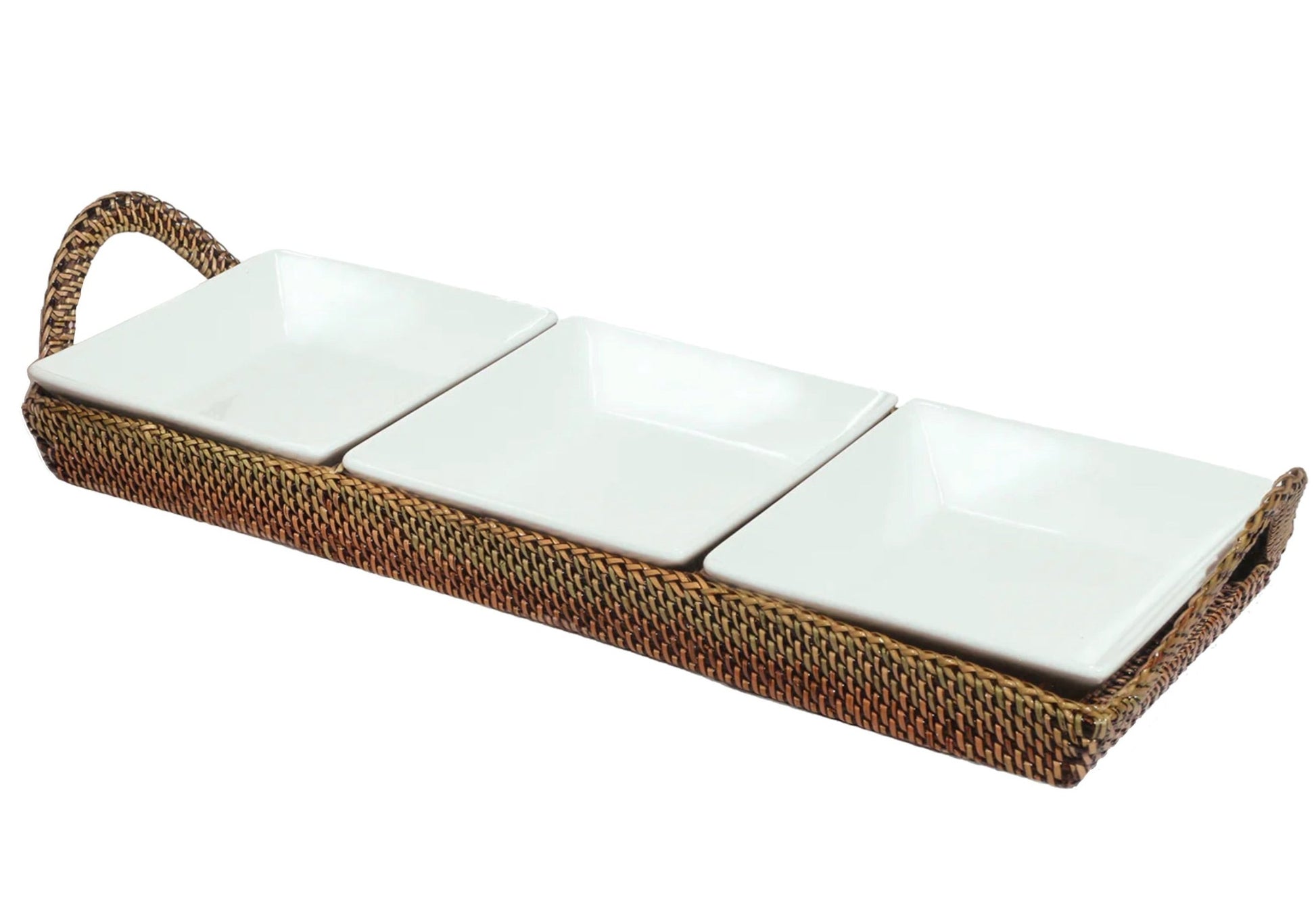 The Calaisio Condiment Tray Collection features a rectangular woven tray with a handle that holds three square porcelain whiteware bowls in a row.