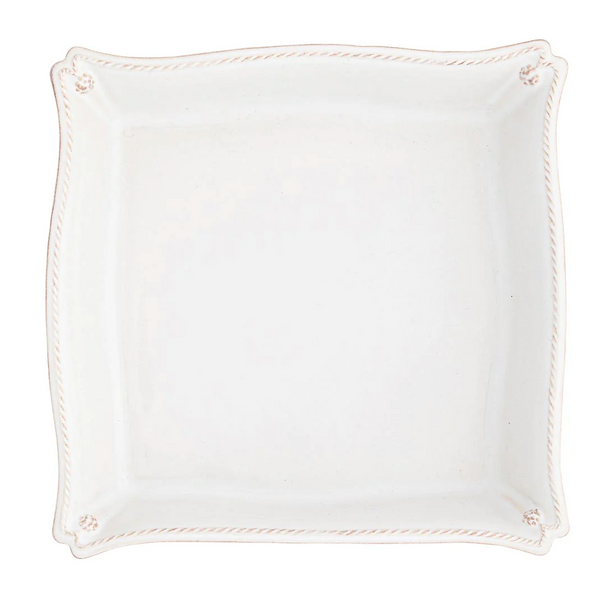 White square handcrafted Juliska Berry & Thread Classic Whitewash Matzoh plate with scalloped edges and subtle corner accents, celebrating family traditions.