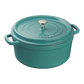 A teal, round Staub Cast Iron Dutch Oven from the Staub Cast Iron Dutch Oven Collection, featuring a lid and two handles.