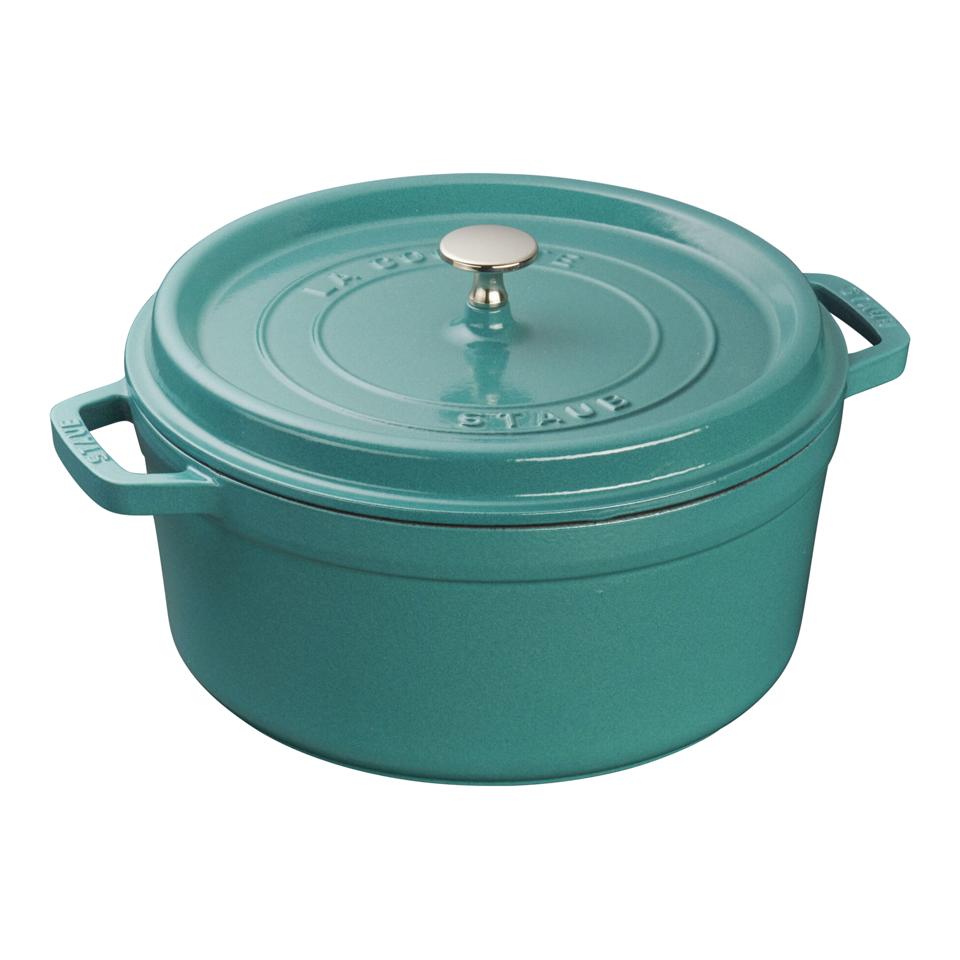 A teal, round Staub Cast Iron Dutch Oven from the Staub Cast Iron Dutch Oven Collection, featuring a lid and two handles.