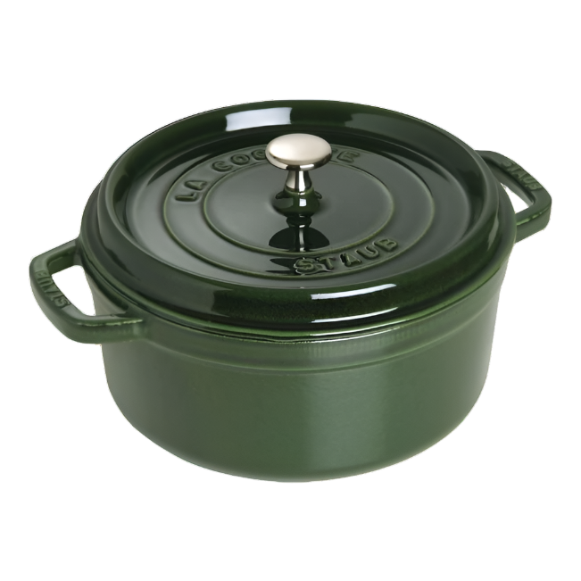 A dark green Staub Cast Iron Dutch Oven from the Staub Cast Iron Dutch Oven Collection, featuring a lid with a metal knob and inscriptions of "La Cocotte" and "Staub", along with handles on both sides.