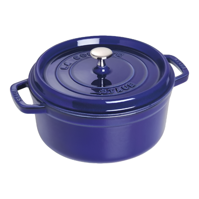 A blue enameled Staub Cast Iron Dutch Oven from the Staub collection, featuring a silver knob on the lid and side handles, labeled "La Cocotte Staub.