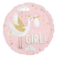 The Signature Balloon by Burton+Burton is a pink, round balloon featuring a stork carrying a baby bundle with the text "It's a GIRL!" surrounded by clouds and stars, making it perfect for pairing with floral arrangements or adding to your local delivery order.