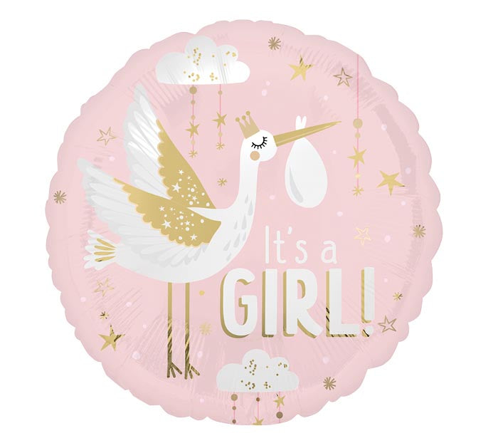 The Signature Balloon by Burton+Burton is a pink, round balloon featuring a stork carrying a baby bundle with the text "It's a GIRL!" surrounded by clouds and stars, making it perfect for pairing with floral arrangements or adding to your local delivery order.