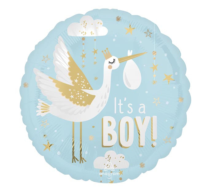 Introducing the Burton+Burton Signature Balloon: a light blue balloon featuring a stork carrying a bundle, surrounded by stars and clouds. Large text proudly announces "It's a BOY!" This delightful balloon is perfectly paired with our floral arrangements for local delivery, bringing added joy to your special announcement.
