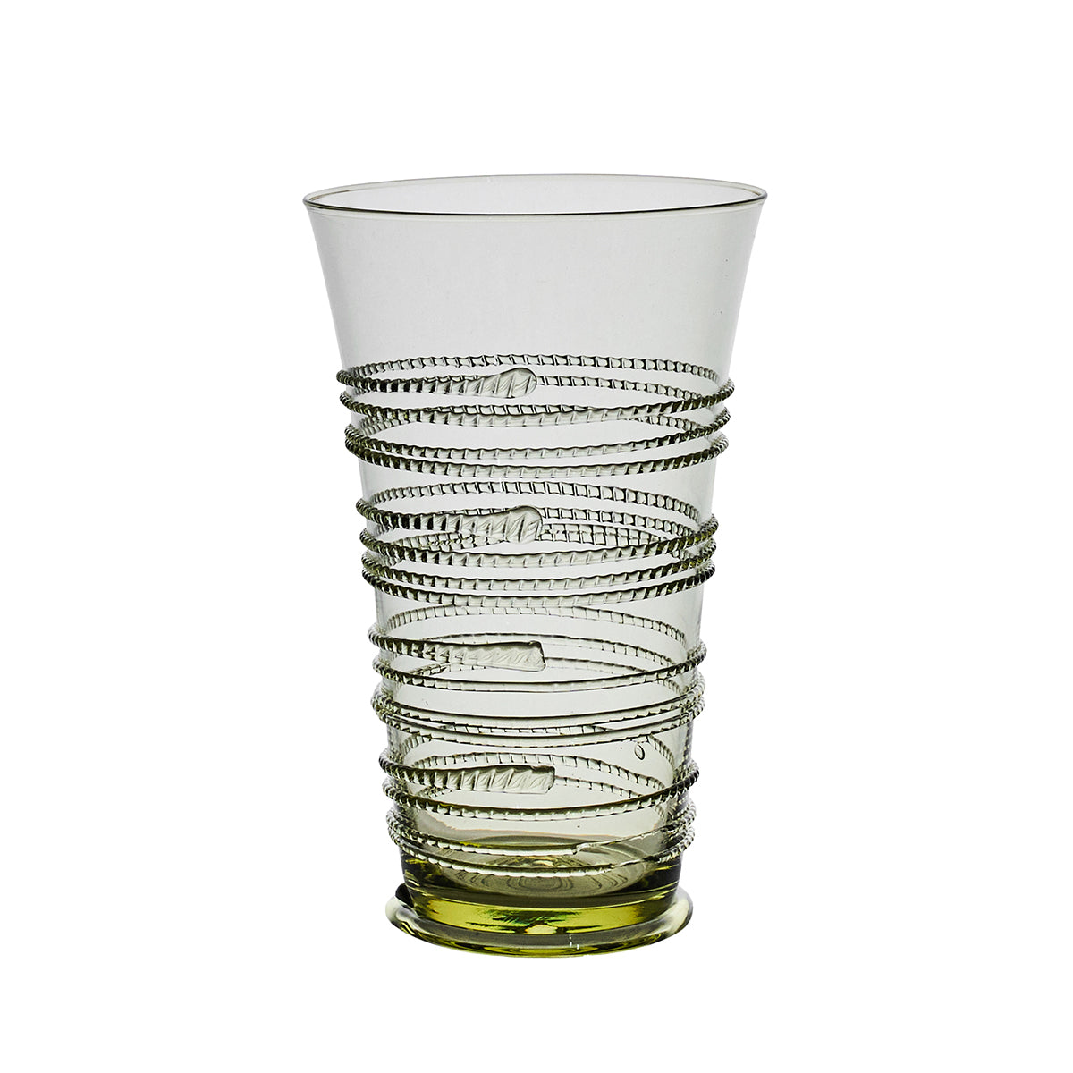 Handcrafted from clear mouth-blown glass with a subtle green tint, the Ella Drinkware Collection tumbler by Juliska features raised spiral and dot motifs swirling around the exterior—an exquisite example of artisan craftsmanship.