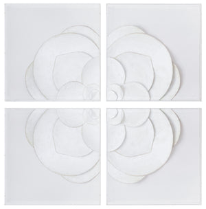 The "White Flower Quadrant" by Tommy Mitchell is a four-panel artwork, each panel measuring 24 inches square. It features overlapping circular white shapes arranged symmetrically to form a floral-like pattern, and is crafted from white linen. Each panel contributes to one quadrant of the overall design.