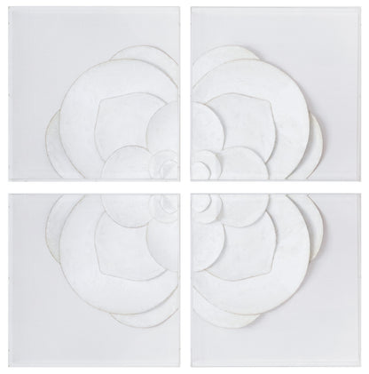 The "White Flower Quadrant" by Tommy Mitchell is a four-panel artwork, each panel measuring 24 inches square. It features overlapping circular white shapes arranged symmetrically to form a floral-like pattern, and is crafted from white linen. Each panel contributes to one quadrant of the overall design.