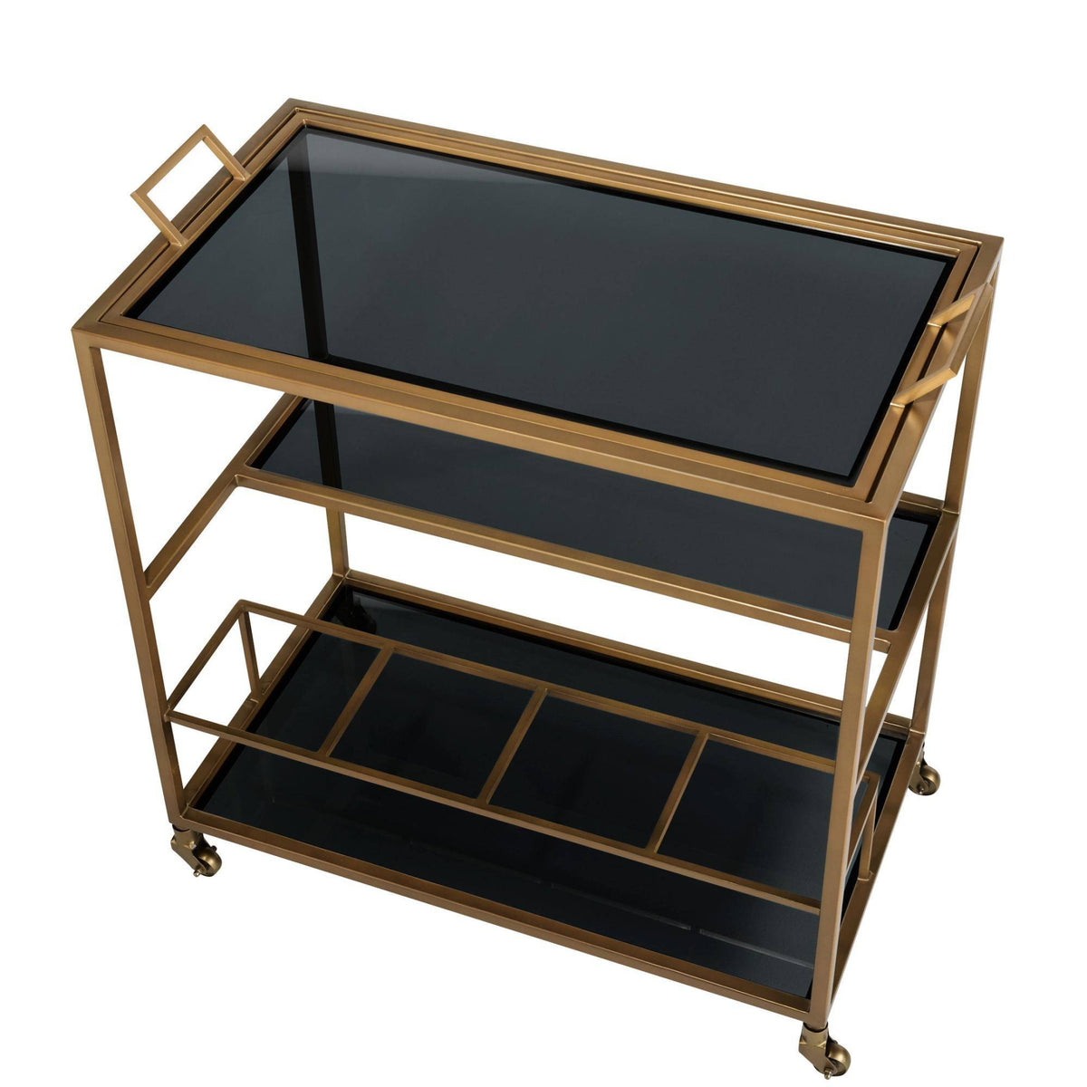 Arteriors Jak Bar Cart in Antique Brass, a three-tier design featuring black glass trays, handles, and caster wheels.