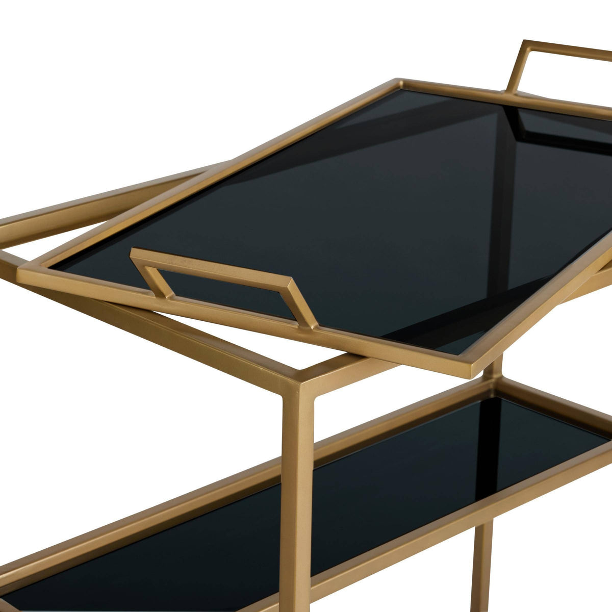 Arteriors Jak Bar Cart in antique brass, featuring two tiers with removable black glass trays.