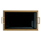 Top-down view of the Jak Bar Cart in Antique Brass, a rectangular antique brass serving tray featuring two side handles and a black glass base.
