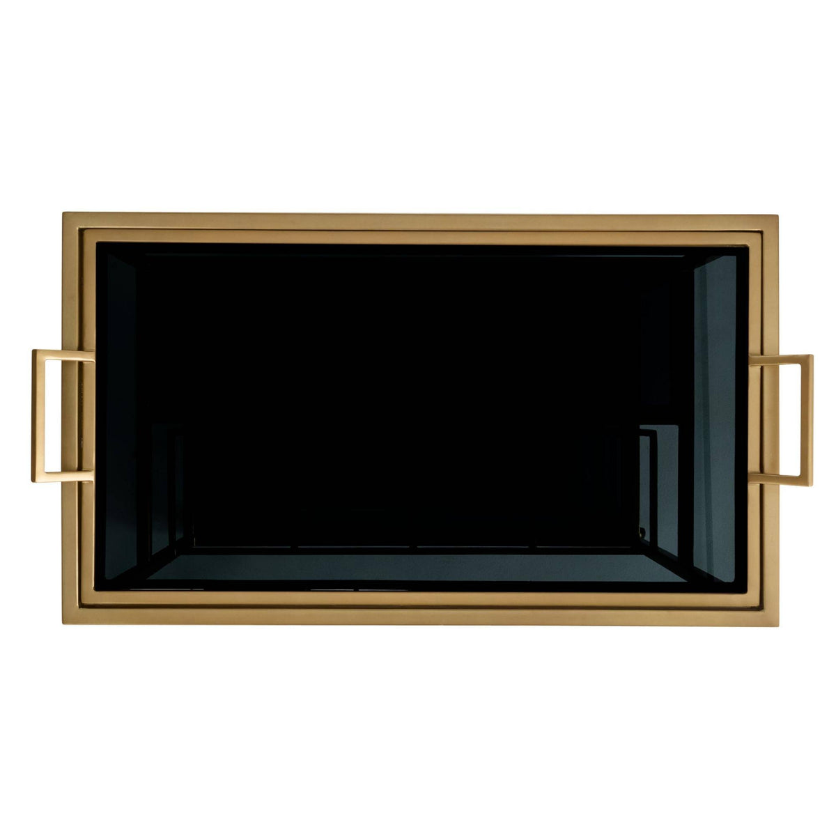 Top-down view of the Jak Bar Cart in Antique Brass, a rectangular antique brass serving tray featuring two side handles and a black glass base.