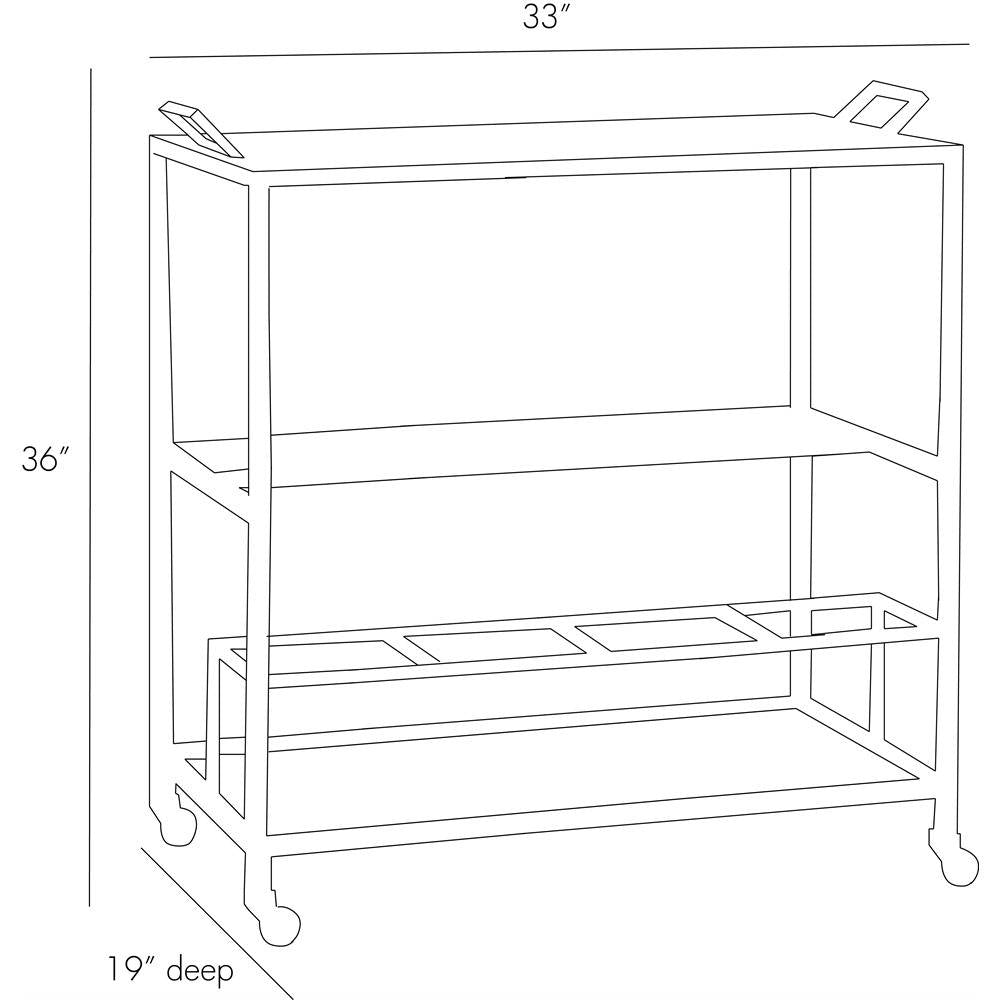 Line drawing of an Arteriors Jak Bar Cart in antique brass, featuring three tiers and casters, measuring 33 inches wide, 36 inches high, and 19 inches deep.