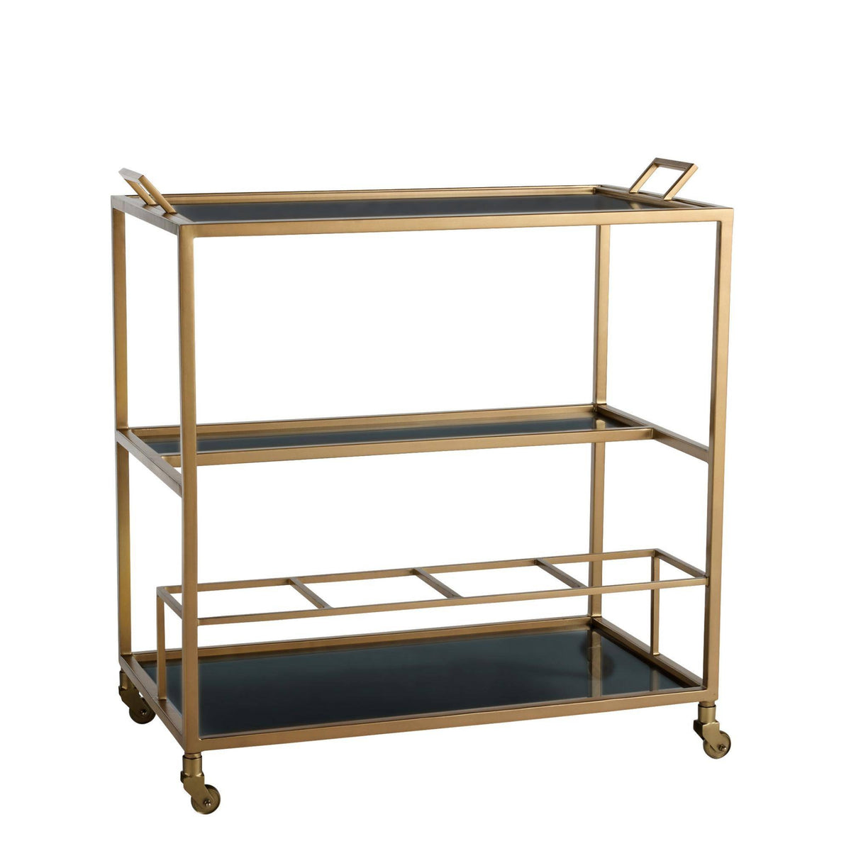 Arteriors Jak Bar Cart in antique brass featuring three tiers, two handles, removable black glass trays, and casters.