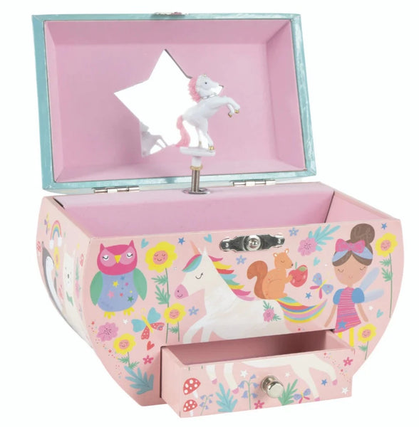 A pink Floss and Rock Rainbow Fairy Oval Shape Jewelry Box with a dancing unicorn and a mirror.