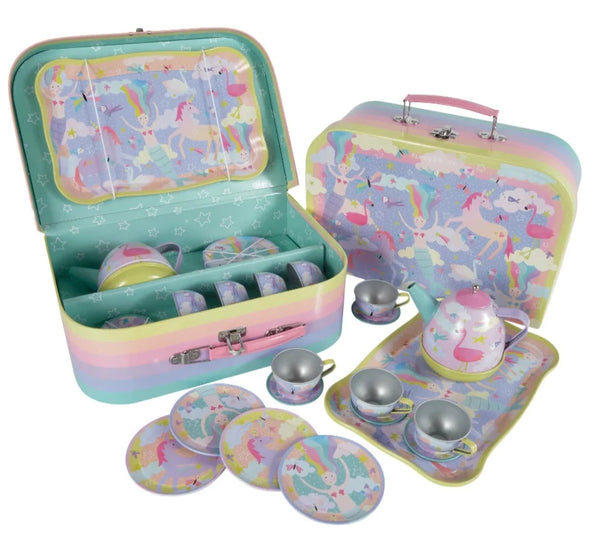 A Floss and Rock Fantasy Musical Tin Tea Set with cups and saucers perfect for imaginative play or as a children's gift.