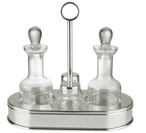 The St. James 5 Piece Oval Cruet Set includes two crystal containers with stoppers, displayed on a silver-plated tray stand with a central handle for elegant separation.