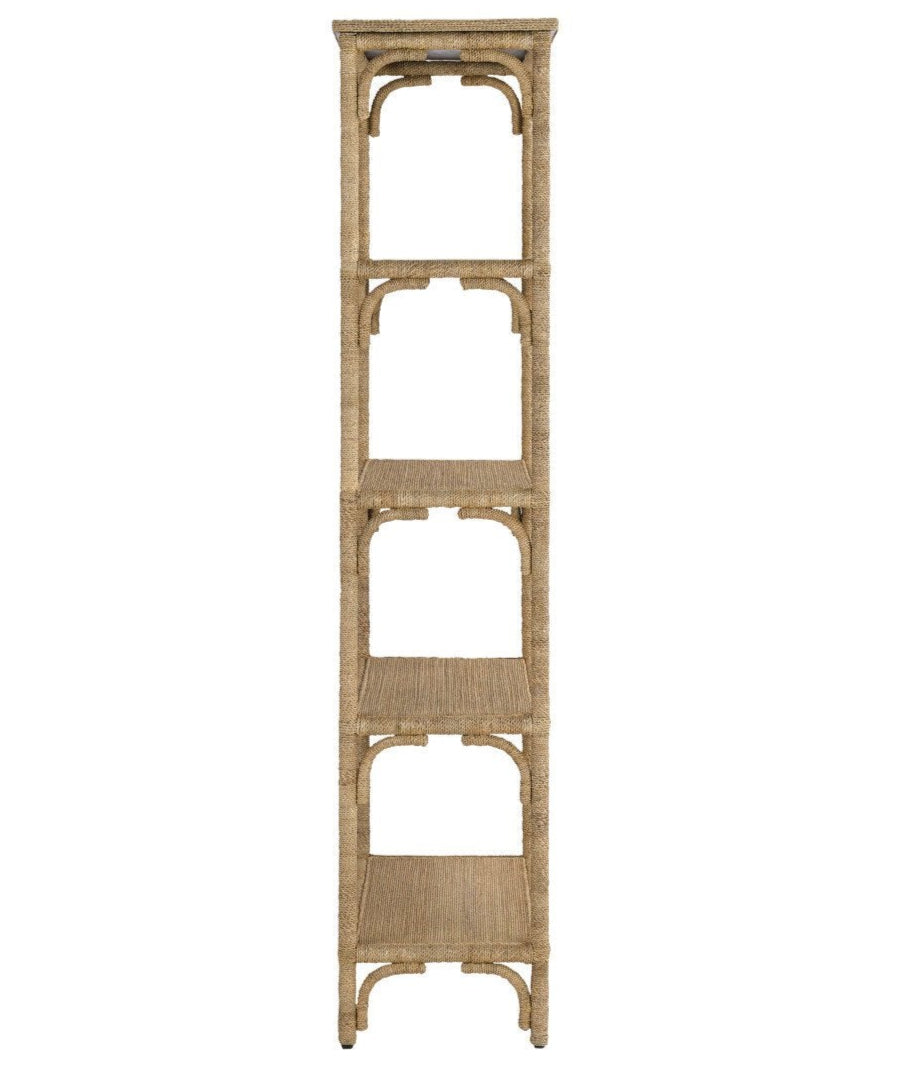 The Olisa Etagere by Currey and Company is a tall, narrow shelving unit with five open shelves crafted from wicker and rattan, finished in braided Abaca rope, shown from the front against a white background.