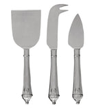 The Juliska Berry & Thread Polished Cheese Knife Set features three stainless steel knives—flat spatula, fork-tipped knife, and pointed spreader—each with ornate handles, perfect for elevating any cheese lover’s collection.