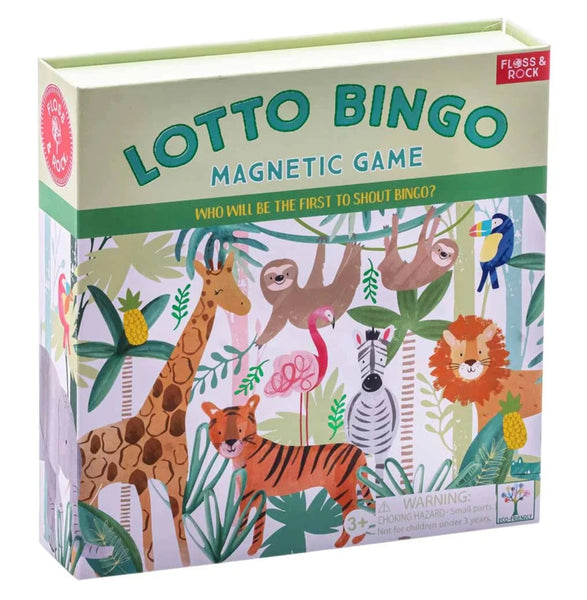 A colorful box of Floss & Rock Lotto Bingo, Jungle featuring illustrations of jungle animals like a giraffe, sloth, zebra, lion, and tiger with tropical plants.