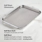 The Hestan Provisions OvenBond Tri-ply 3-Piece Set, featuring a warp-resistant half sheet pan and stainless steel rack with listed dimensions, rests on a marble surface.