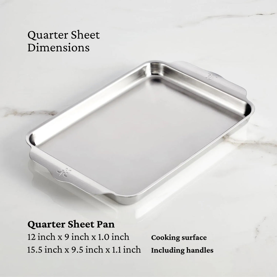 The Hestan Provisions OvenBond Tri-ply 3-Piece Set features warp-resistant stainless steel quarter sheet pans with handles, shown on a white surface, with cooking surface and overall size details provided—ideal for premium ovenware seekers.