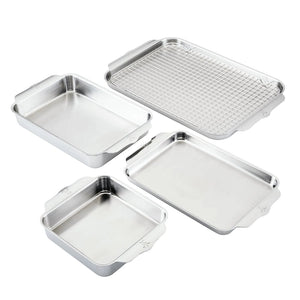 The Hestan Provisions OvenBond Tri-ply 5-Piece Set includes four warp-resistant stainless steel pans—two deep pans, a Half Sheet Pan tray, and a wire rack—displayed on a white background.