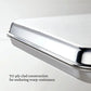 Close-up of a Hestan Provisions OvenBond Tri-ply 5-Piece Set pan corner showcases its tri-ply clad build, with text emphasizing the warp-resistant durability of this premium stainless steel ovenware.