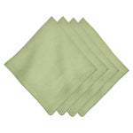 Four neatly stacked light green Berry Scallop linen napkins from Juliska, each with scalloped stitched edges, arranged in a fanned-out pattern against a white background—an elegant complement to the Juliska Berry Scallop Napkin & Tablecloth Collection.