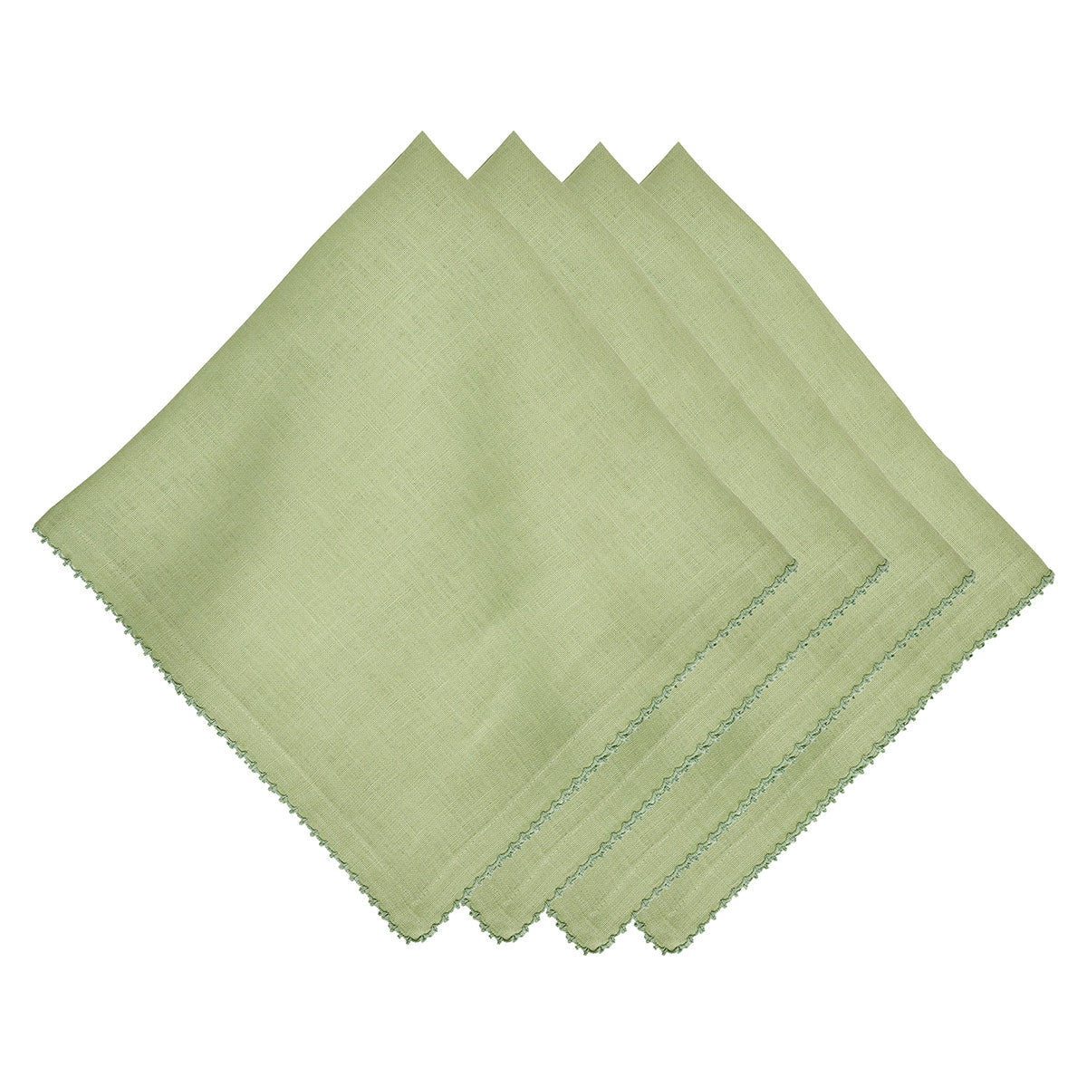 Four neatly stacked light green Berry Scallop linen napkins from Juliska, each with scalloped stitched edges, arranged in a fanned-out pattern against a white background—an elegant complement to the Juliska Berry Scallop Napkin & Tablecloth Collection.