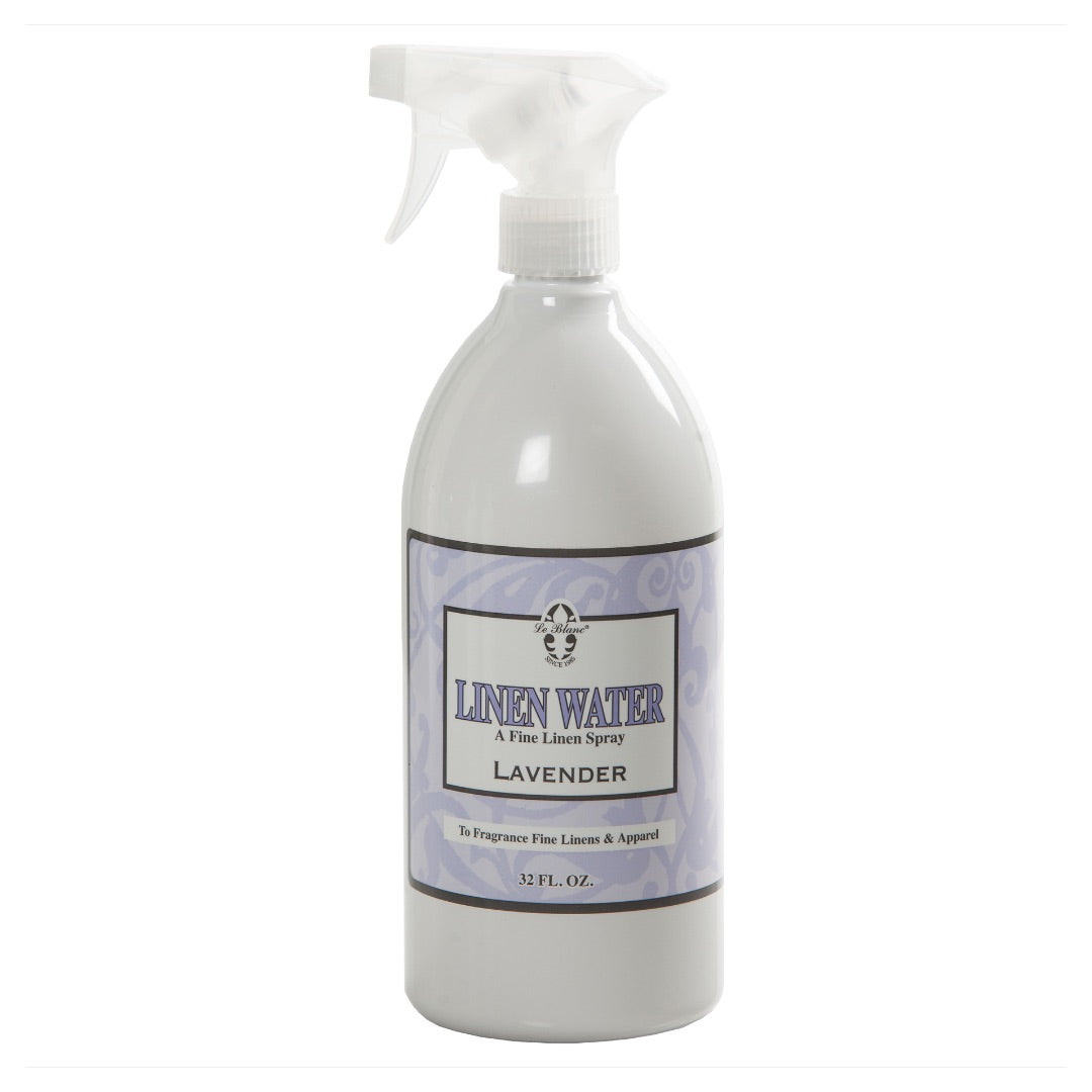 The Le Blanc Linen Water Spray, 32 fl. oz., infuses your fine and household linens with a calming lavender scent for lasting freshness.