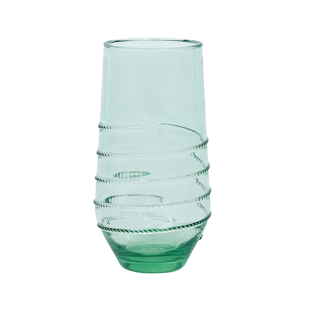 The Amalia Acrylic Collection by Juliska features a clear green tumbler with a modern, slightly tapered silhouette and a raised spiral design wrapping around the body.
