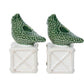 The Juliska Berry & Thread Bird Topiary Candlestick Set features two hand-painted green bird figurines on white textured bases—ideal as spring table accents against a plain white background.