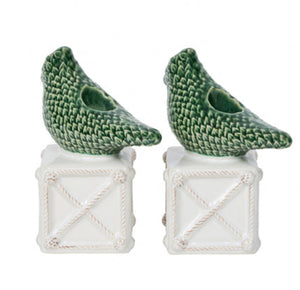 The Juliska Berry & Thread Bird Topiary Candlestick Set features two hand-painted green bird figurines on white textured bases—ideal as spring table accents against a plain white background.