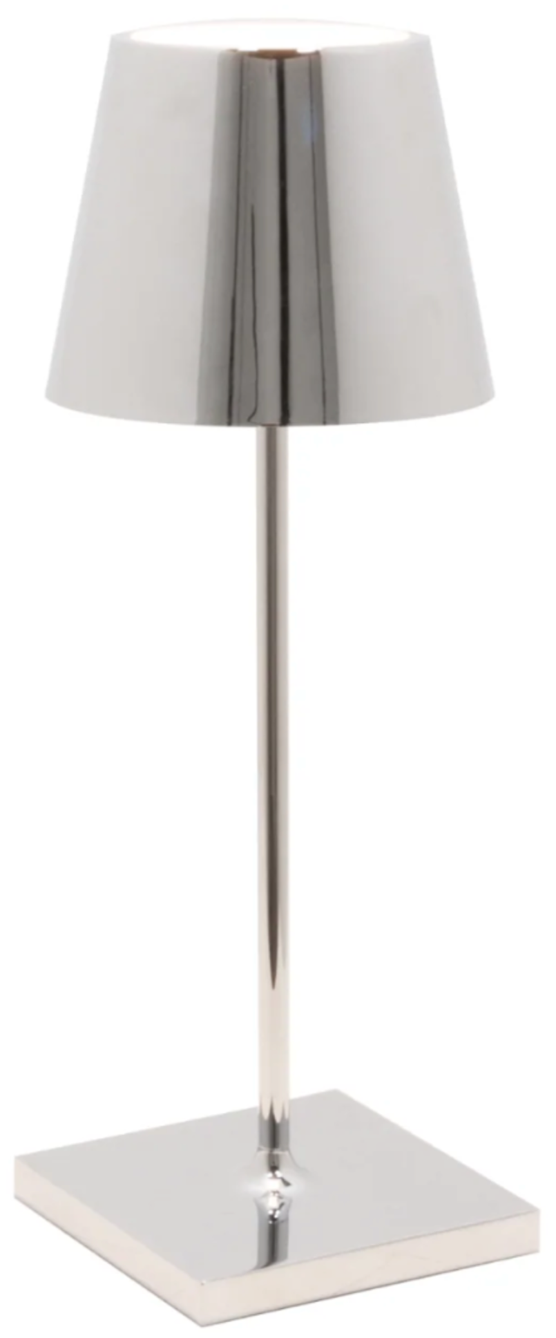 The Zafferano America Poldina Pro Mini Table Lamp Collection features a modern metallic finish, conical shade, straight cylindrical stem, and square base. This cordless lamp is ideal for both indoor and outdoor use.