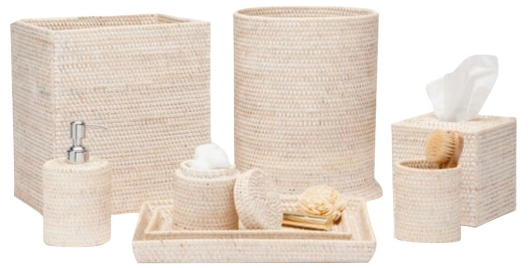 The Dalton Bath Collection by Pigeon & Poodle features a matching set of handmade woven beige rattan bathroom accessories: waste bin, tissue box cover, soap dispenser, tray, and storage containers.