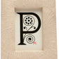 Part of the Pigeon & Poodle Ancona Frame Collection, this framed artwork displays a large ornate "P" with black patterns inspired by spiral buntal weave and a small red dog at the bottom right, reflecting unique craftsmanship.