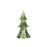 The Juliska Berry & Thread Evergreen Tree Collection features a green glass Christmas tree ornament with three tiers, perfect for holiday table decor and adding elegant style to your space.