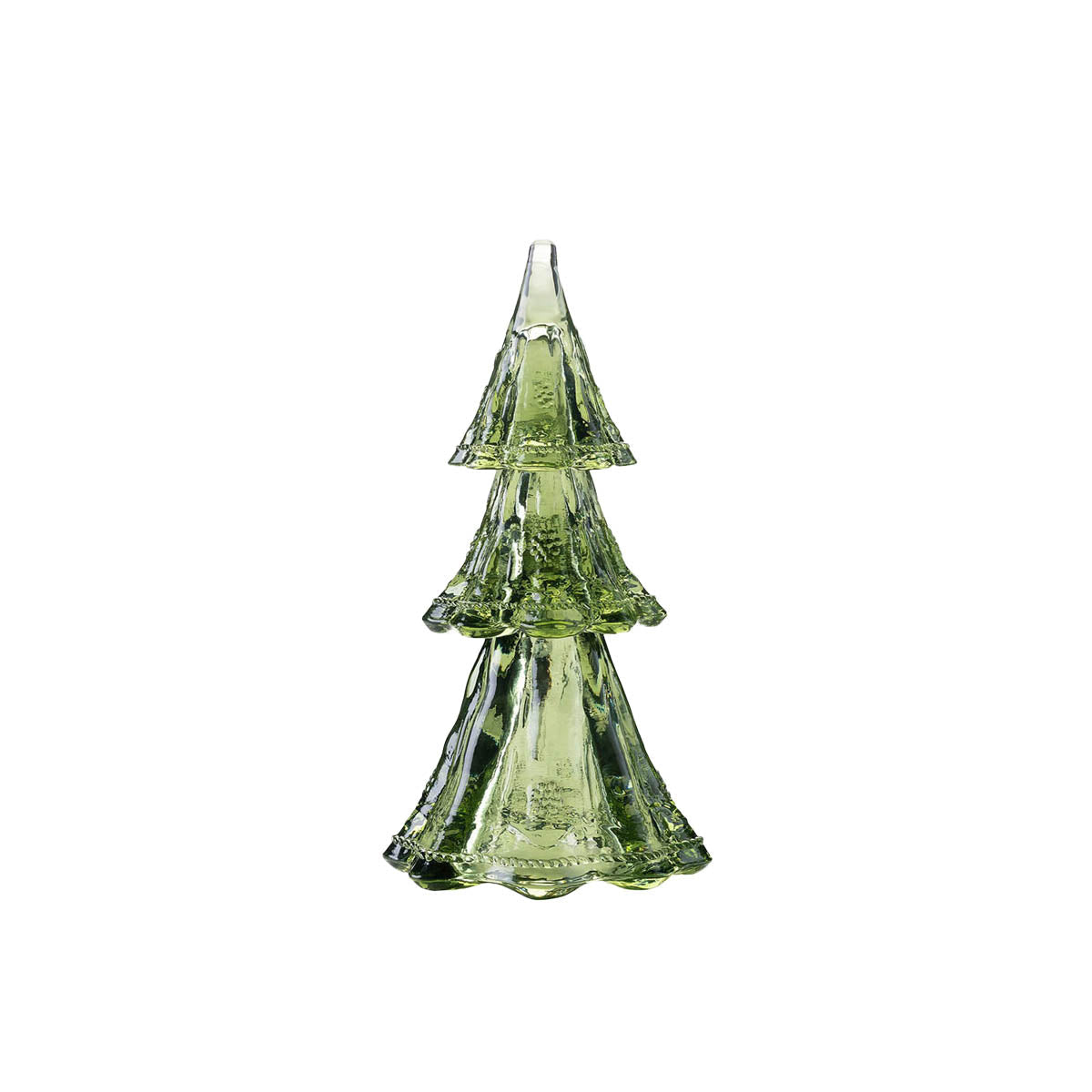 The Juliska Berry & Thread Evergreen Tree Collection features a green glass Christmas tree ornament with three tiers, perfect for holiday table decor and adding elegant style to your space.