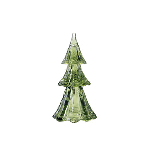 The Juliska Berry & Thread Evergreen Tree Collection features a green glass Christmas tree ornament with three tiers, perfect for holiday table decor and adding elegant style to your space.