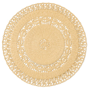The Soleil Placemat by Blue Pheasant features a round, woven beige rattan design with an intricate openwork border and a solid center, adding textured, natural fiber elegance to your table.