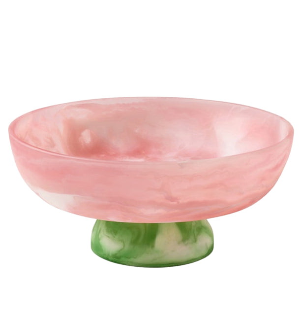 The Benno Large Fruit Bowl Collection by Blue Pheasant showcases a pink and white marbled bowl atop a green and white marbled pedestal, creating a bold two-toned design with complementary colors.