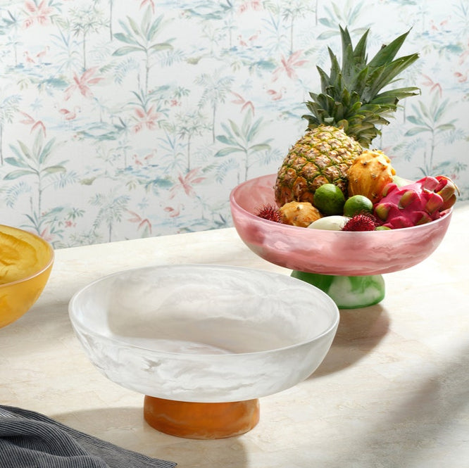 Three decorative bowls from the Benno Large Fruit Bowl Collection by Blue Pheasant are displayed on a light surface; one holds assorted tropical fruits such as pineapple, dragon fruit, and limes.