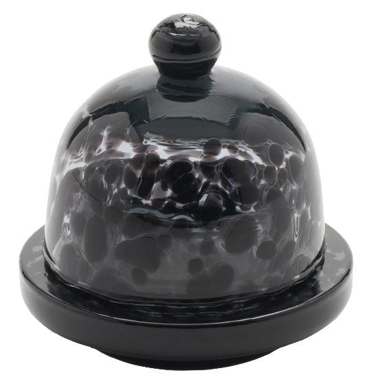 A glossy black ceramic Blue Pheasant Andrew round butter dish with a rounded lid and matching base, isolated on a white background.